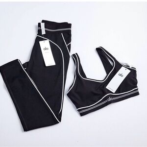 ALO Yoga Black Leggings & Sports Bra Set with White Piping
